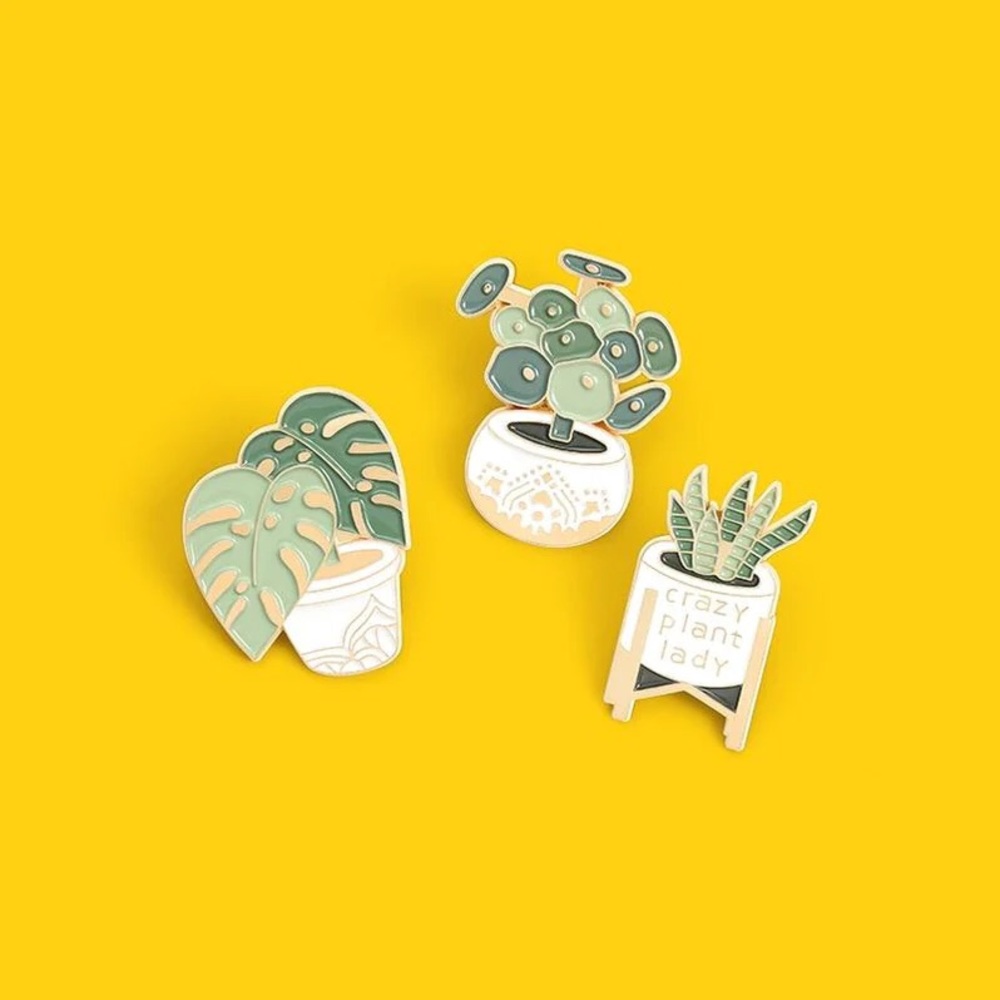 Boho Potted Snake Plant On A Stand “Crazy Plant Lady” Metal Enamel Pin Brooch - Picture 7 of 13